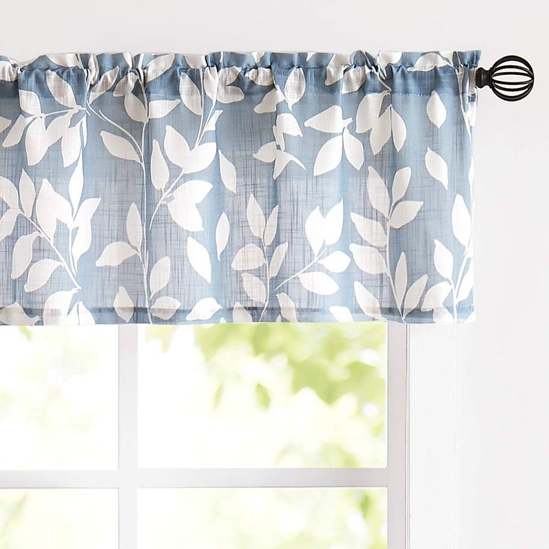 Treatmentex Blue White Kitchen Valance Curtain Leaf Print Window Valance for Living Room 52" w x 15" l 1 Pack - Image 1